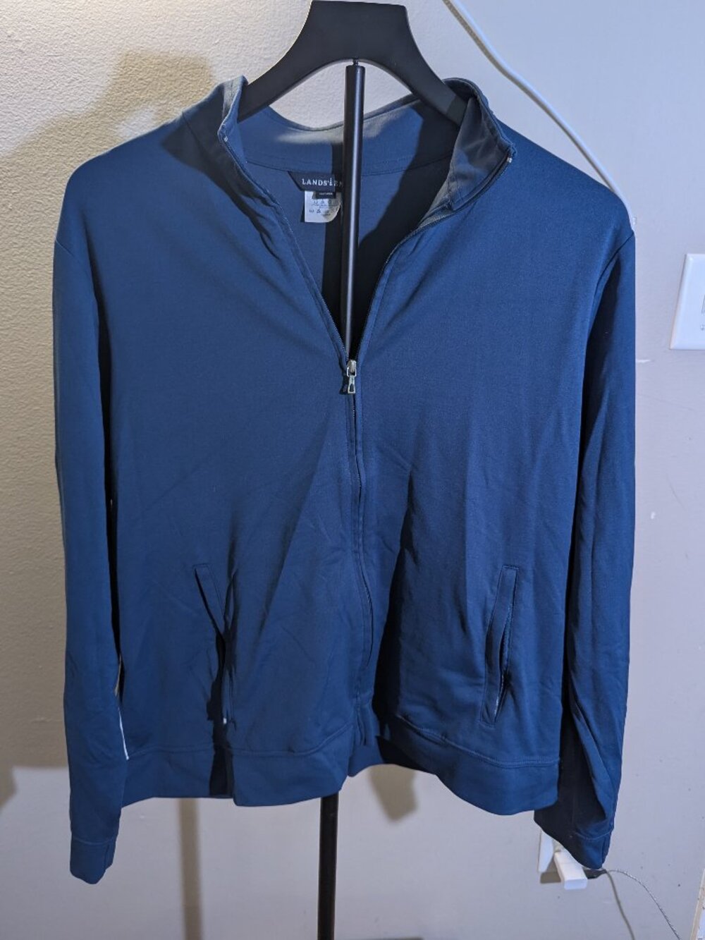 Land's End Navy Blue w/ White Stripes Lightweight Zip Front Sweater